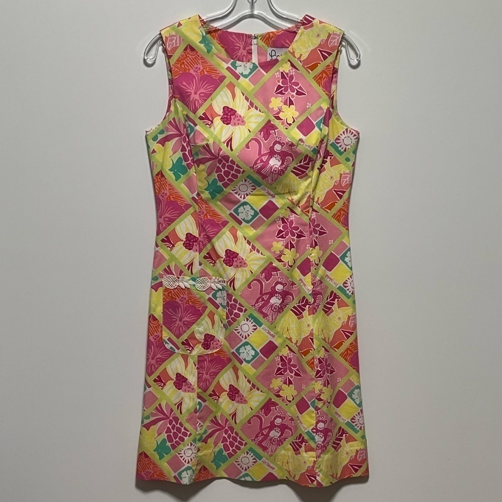 Lilly Pulitzer Vintage preppy Rock Hula Monkey Cotton Lined Sheath Dress Pocket